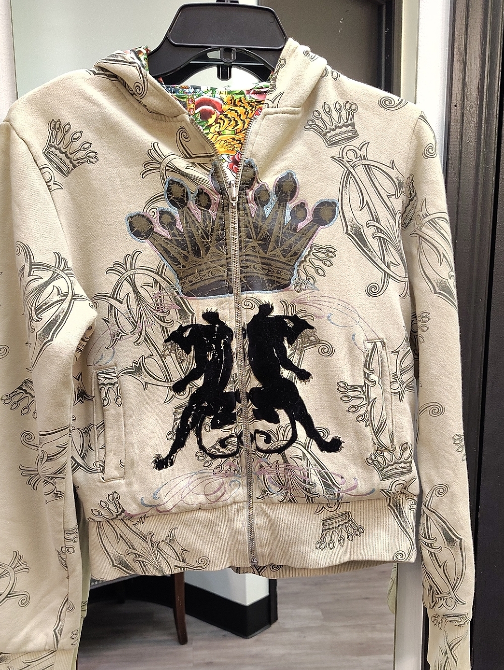 Christian Audigier Beige Crown & Lion Zip Hoodie
